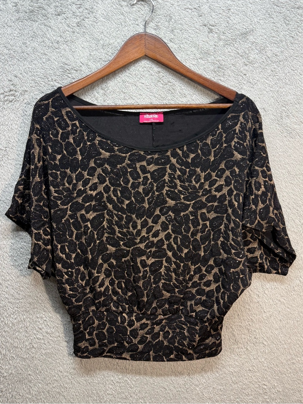 Shasa Black Cream Rhinestone leopard Print Batwing Blouse Top Size L/G